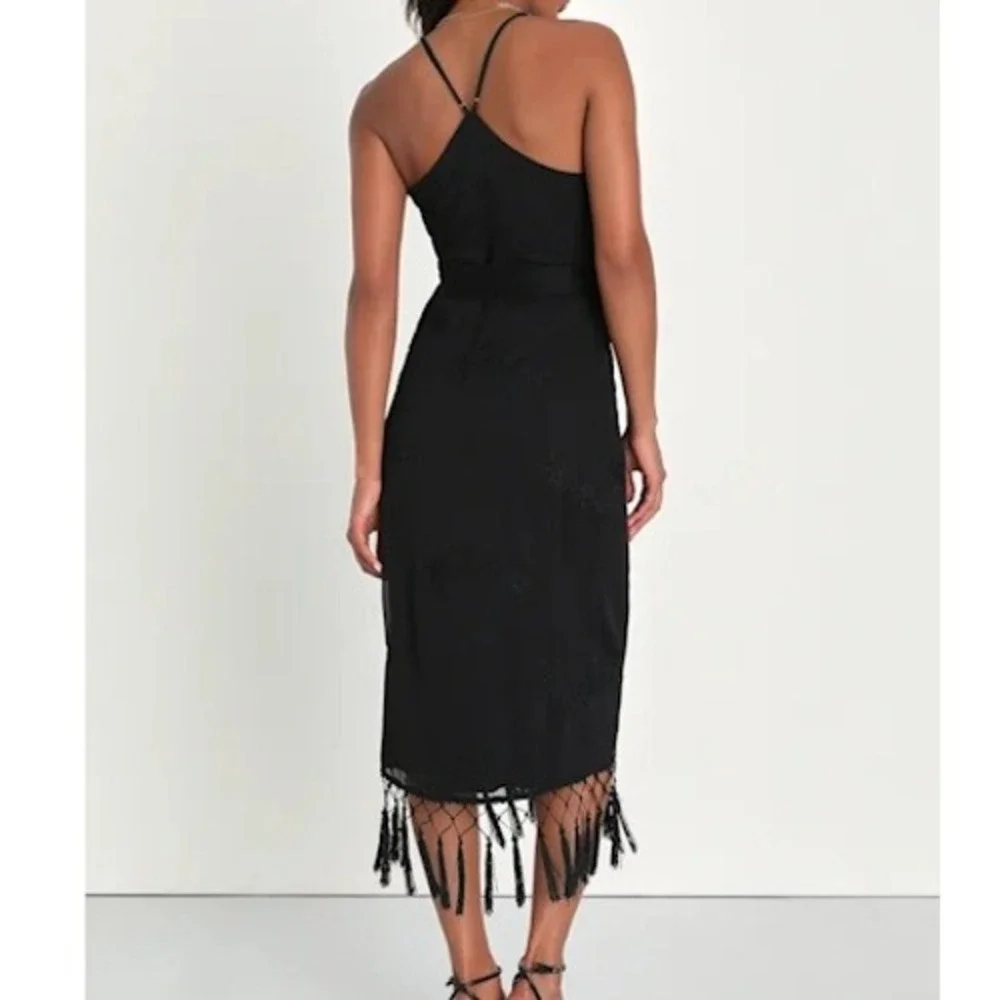 Lulus‎ Fun Affair Black Floral Embroidered Tassel Wrap Midi Dress  S